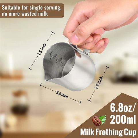 Stainless Steel Milk Frothing Pitcher 6.8oz 200ml with Dripless Spout, Dishwasher Safe, 18/8 Construction, ergonomic handle shown.