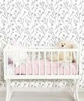 Black and White Twigs Peel and Stick Wallpaper, Easy No Mess Removable Wall Covering, nursery room with crib and teddy bear.