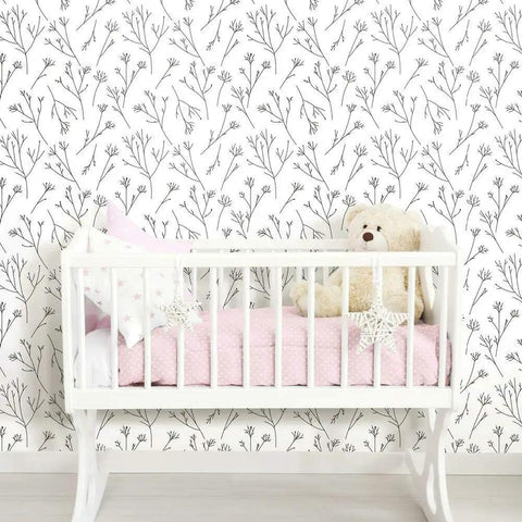Black and White Twigs Peel and Stick Wallpaper, Easy No Mess Removable Wall Covering, nursery room with crib and teddy bear.