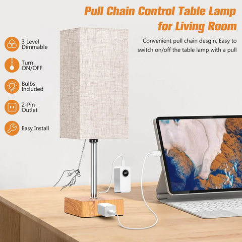 Set Of 2 Bedside Table Lamps With USB Charging Port And AC Outlet, lamp with pull chain and charging devices on wooden table