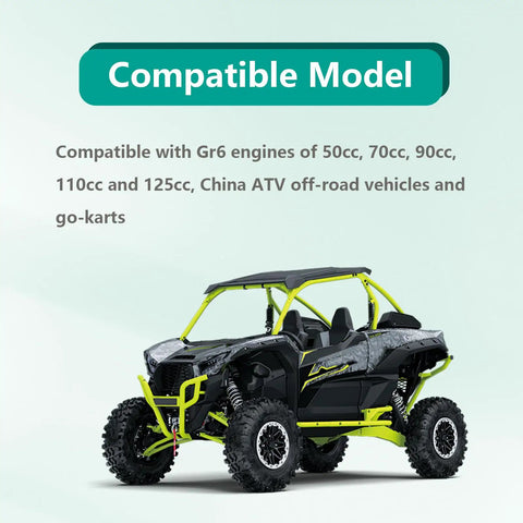 Side view of a lime green and black off-road vehicle compatible with Gr6 engines for ATVs and go-karts