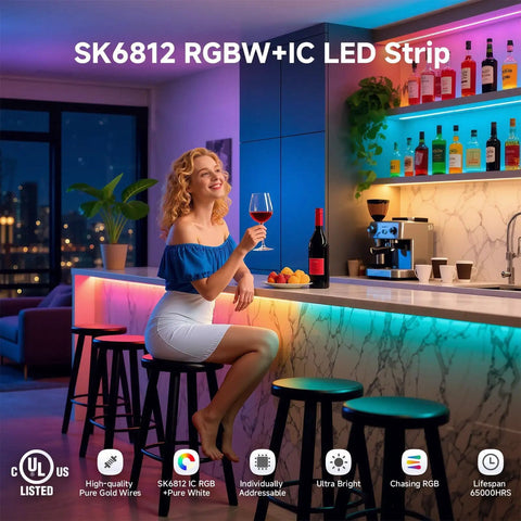 RGBW LED Strip With Four Colors In One, Individually Addressable SK6812 Upgrade, ambient lighting in modern kitchen, woman at bar