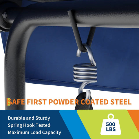 Close-up of spring hook on blue Three-Seat Outdoor Porch Swing With Adjustable Canopy And Removable Cushions Powder-Coated Steel Frame