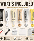 Professional Grade Easy Apply Leather And Vinyl Repair Kit For Fixing Scuffed Couches Furniture And Worn Car Seats With Dead On Color Match And No Sweat Finish includes various color tubes and tools.