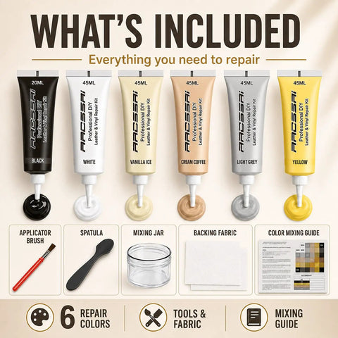 Professional Grade Easy Apply Leather And Vinyl Repair Kit For Fixing Scuffed Couches Furniture And Worn Car Seats With Dead On Color Match And No Sweat Finish includes various color tubes and tools.