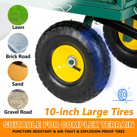 10-inch all-terrain tire on 4-In-1 Steel Utility Cart With 880 Lb Capacity, Heavy Duty Dump Wagon With 15.5 Inch Extra-High Sides