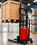 Heavy Duty Electric Pallet Stacker With 5000 Lbs Capacity Lifts Up To Nearly 10 Feet High For Warehouse Shelves Using Powerful V Motor Plus Battery lifting a wooden crate in a warehouse.