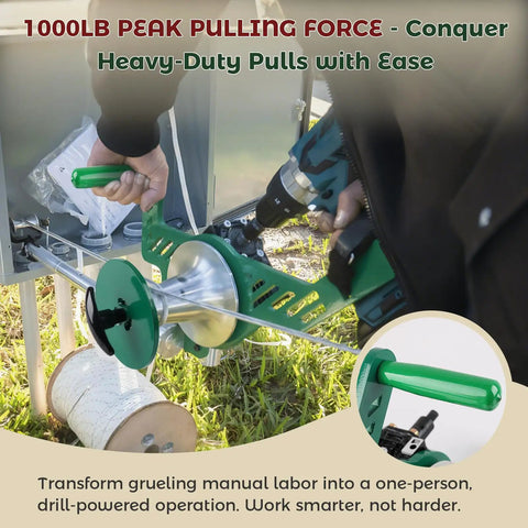 Compact Electric Cable Puller With 1000Lb Force Powers Wire Tugging, shown in use with a drill and wire.