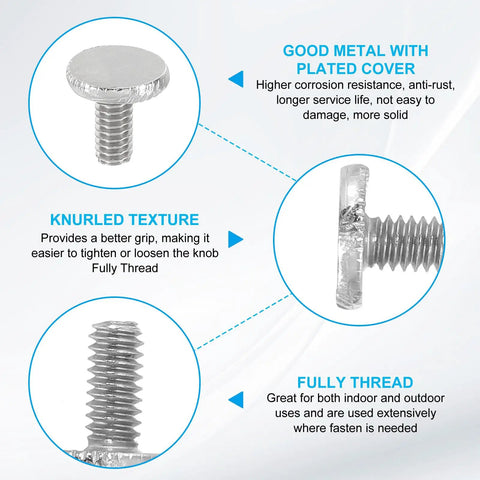 Dang Solid 50 Pack Knurled Thumb Screws With Smooth Nickel Coating And Trusty 832 Threads showing various angles and textures.