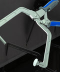 Top Grade Right Angle Corner Clamp With A Slick Quick Slide Pin Tough As Nails Heavy Duty Joint Holder showing metal construction and 5-inch reach.