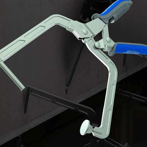 Top Grade Right Angle Corner Clamp With A Slick Quick Slide Pin Tough As Nails Heavy Duty Joint Holder showing metal construction and 5-inch reach.