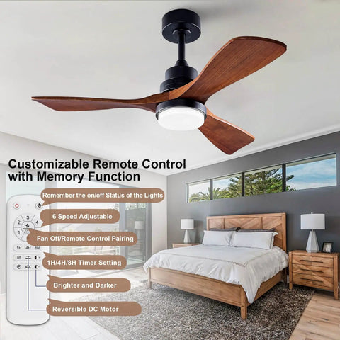 Lit 42 Inch Black Ceiling Fan With Remote And Lights Dimmable LED Quiet Reversible DC Motor in modern bedroom with remote control