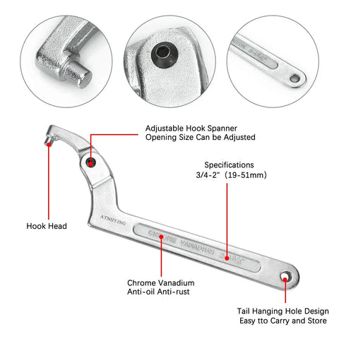 4 Piece Adjustable Spanner Wrench Set With Round Head Hooks, C Pin Wrenches, Movable Head Design 19mm to 170mm, Detail View