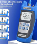 Rechargeable Optical Power Meter For Fiber Optic Testing with universal SC FC ST connectors and LC 1.25 mm adapter, front view