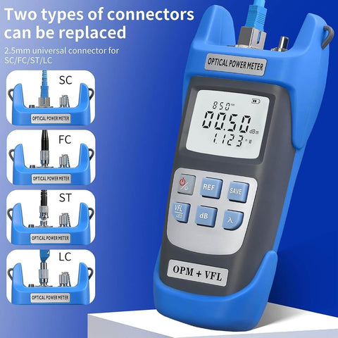 Rechargeable Optical Power Meter For Fiber Optic Testing with universal SC FC ST connectors and LC 1.25 mm adapter, front view