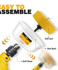 Workhorse Six And Four Inch Hole Saw Kit With Reusable Silicone Dust Bowl For Smooth Zero Mess Cuts On Recessed Lighting Ceiling Vents Drywall And Plaster Home Projects Ready To Go, featuring assembly of drill chuck, dust bowl, and hole saw.
