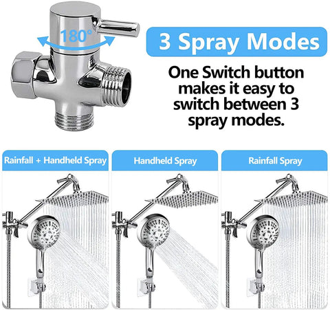 High Pressure Rainfall Shower Head Combo With 11 Inch Extension Arm And 9 Settings Handheld, Anti Leak Chrome Head in 3 spray modes