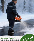Man using Battery Powered Cordless Seed Spreader Handheld Power Spreader For Lawns And Gardens on snowy path