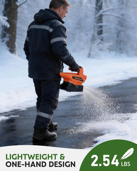 Man using Battery Powered Cordless Seed Spreader Handheld Power Spreader For Lawns And Gardens on snowy path