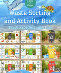 Fun Filled Waste Sorting Activity Book For Kids With Hands On Recycling Lessons Colorful Worksheets Games And Totally Kid Friendly Eco Tips For Classroom And Home Learning, illustrated cover with recycling bins and animals.