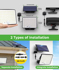 Solar Motion Lights Outdoor Two Pack with remote, showing separate and integrated installation, solar panel, and cable