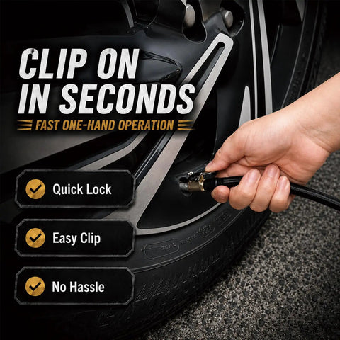 Locking Air Chucks For Tires With Quick Connect And 8mm Clip-On Adapter in use on car wheel.