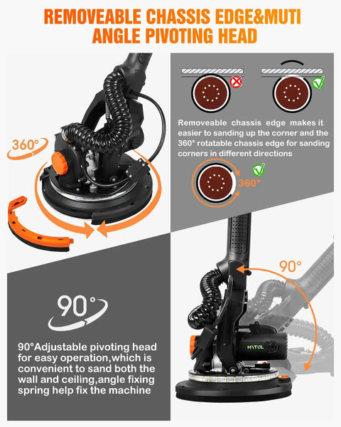 Heavy Duty Rock Solid Electric Drywall Sander With Swish Vacuum Dust Extractor And Variable Speed Dial Plus Killer Led Job Light showing removable chassis edge and pivoting head features.