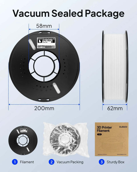 Diagram of TPU Filament 1.75mm Black 2Kg Twin Spool 95A Flexible Soft 3D Printing Filament vacuum-sealed package.