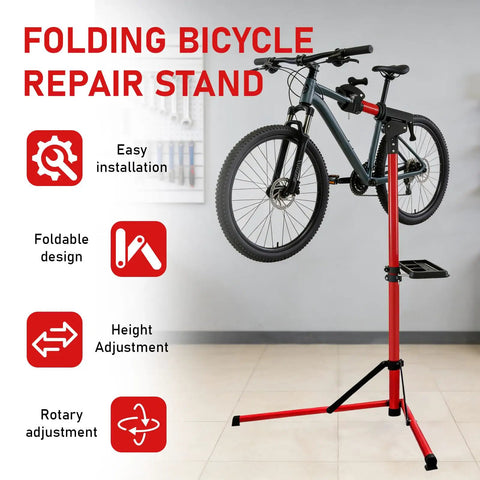 Upgraded Bike Repair Stand Pro Grade Heavy Duty Home Shop Tool Supports Up To 110 Lbs With Ultra Durable Aluminum Frame shown with bike