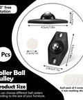 Dimensions and components of Self Adhesive Caster Wheels Set Black 8 Pieces, showing roller ball pulley and stickers.