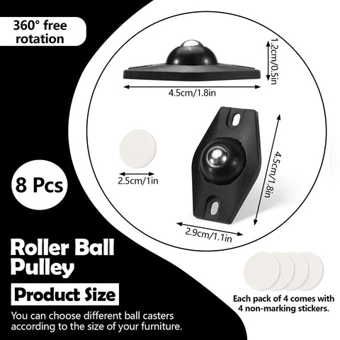 Dimensions and components of Self Adhesive Caster Wheels Set Black 8 Pieces, showing roller ball pulley and stickers.
