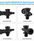Pool filter air-relief valve, black plastic with threaded bottom port and side outlet; four-angle views