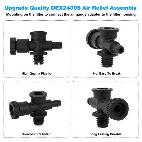 Pool filter air-relief valve, black plastic with threaded bottom port and side outlet; four-angle views