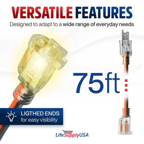 Seventy Five Foot Heavy Duty Extension Cord Featuring A Hefty Three Prong Design And Waterproof Jacket Built For Tough Job Sites Or Weekend Hustles Providing Cold Resistant Flexibility That Handles Any Load Without Breaking A Sweat.