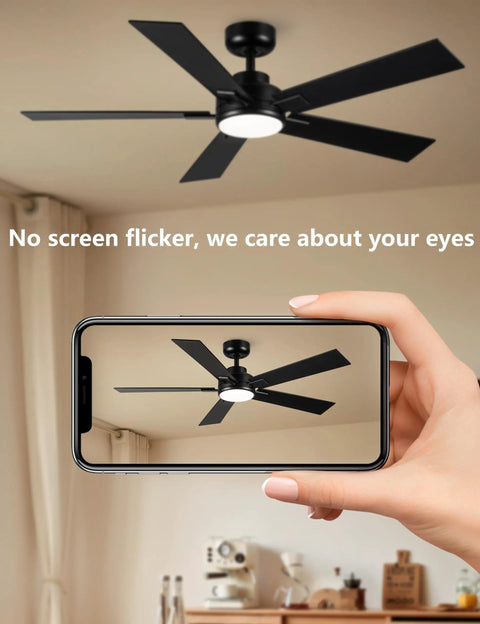 52 Inch Black Outdoor Ceiling Fan With Light And Remote, Reversible DC Motor, 6 Speed Ultra Quiet, 3CCT LED Dimmable Light For Bedroom Indoors Or Outdoors Patios, ETL Listed