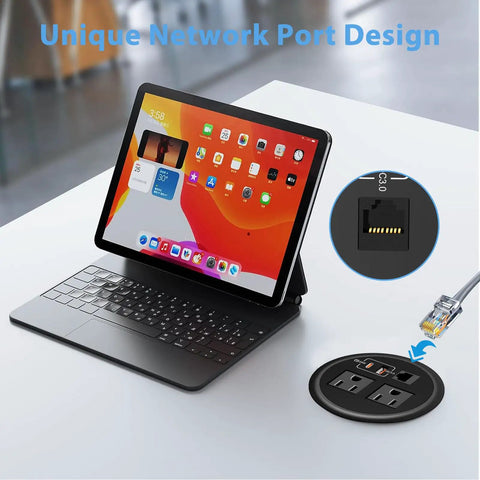 Slick Flush Mount Desktop Power Grommet Offering Recessed Layout With Two AC Outlets PD 20W USB C Fast Charge Port And Ethernet Jack, showcasing unique network port design.
