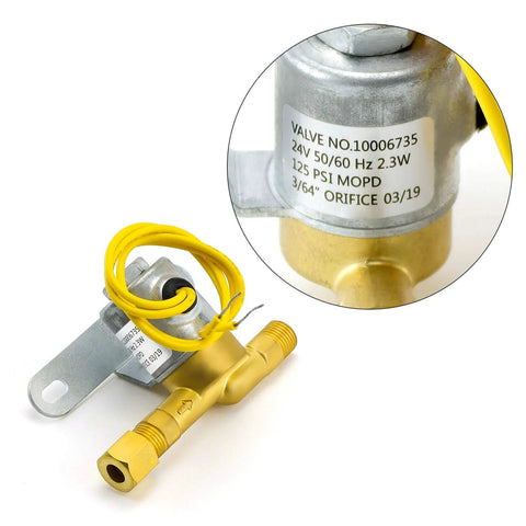 Brass humidifier solenoid valve with yellow lead wires and mounting bracket, 24V