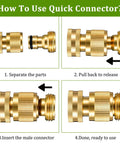 Steps showing Solid No Leak Three Quarter Inch Garden Hose Quick Connector Set Brass GHT Adapters assembly process.