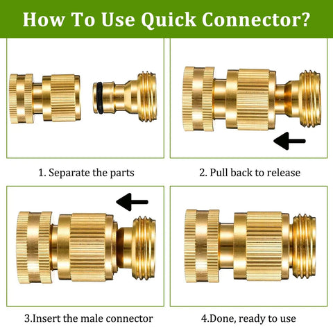 Steps showing Solid No Leak Three Quarter Inch Garden Hose Quick Connector Set Brass GHT Adapters assembly process.