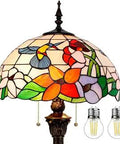 Tiffany Style Hummingbird Amber Stained Glass Floor Lamp With 16 Inch Shade Standing Reading Light 64 Inch Tall Antique Bronze Base