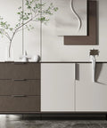 Modern cabinet with brushed nickel 5-inch edge finger pulls on drawers and doors, alongside decorative elements, minimalist style