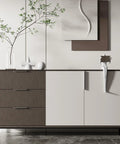 Modern dresser with 15 Pack Brushed Nickel Edge Finger Cabinet Pulls For Kitchen Cabinets And Furniture Hardware Six And One Quarter Inch Center Spacing Aluminum Alloy Drawer Handles For Dresser Cupboard Easy Installation Sleek Durable Pulls, decor elements on top and abstract wall art.