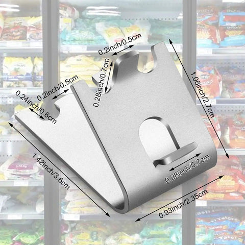 10 Pack Stainless Steel Freezer Shelf Clips For Refrigerator Replacement Buckles And Hooks, shown with dimensions.