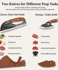 Two Piece Hand Forged Chef Knife And Boning Knife Set With Wooden Handle And Leather Sheath for meat, vegetables, BBQ, camping.
