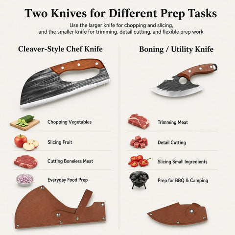 Two Piece Hand Forged Chef Knife And Boning Knife Set With Wooden Handle And Leather Sheath for meat, vegetables, BBQ, camping.