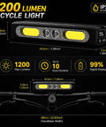 Image showing 1200 Lumen Bike Headlight And Taillight Set With Aluminum Body, USB-C Rechargeable, IPX6 Waterproof, dimensions and features.