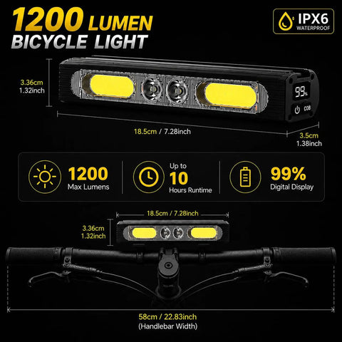 Image showing 1200 Lumen Bike Headlight And Taillight Set With Aluminum Body, USB-C Rechargeable, IPX6 Waterproof, dimensions and features.