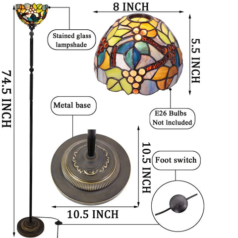 Diagram of Amber Grape Stained Glass Tiffany Floor Lamp With Adjustable Swivel Arm 72 Inch Tall Reading Light, detailed dimensions.