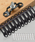 Rock Solid Invisible Cabinet Connectors 10 Pack Slick Black Metal Furniture Brackets With Recessed Cupboard Hinges on wood.