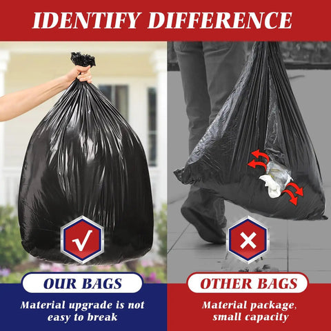 Comparison of 64-65 Gallon Black Trash Bags, 13 Count, with durable material versus weaker, smaller bags.
